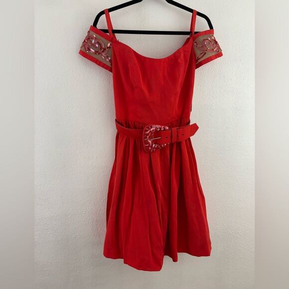 BB Collection off shoulder short sleeve red sequin detail belted dress size S - Picture 1 of 10